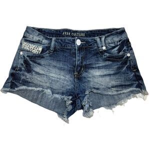 Free Culture Distressed Denim Shorts with White Lace Pockets | Size 7